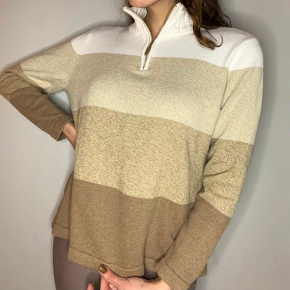 Striped Cotton 1/4-Zip Sweater Ombre Sz Large Tan - Picture 2 of 10